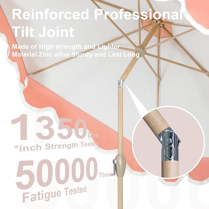 Tempera 9ft Scalloped Patio Umbrellas with Fringe, Market Umbrellas with Water-Resistant and Fade Resistant Canopy, 1.5" Wood Pole & Button Tilt,Beige Spliced Coral Red