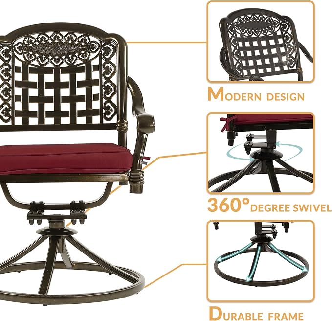 7-Piece Outdoor Patio Dining Set, 60” Rectangular Cast Aluminum Dining Table with Umbrella Hole and 6 Cushioned Swivel Rocker Chairs, Patio Funiture Set for Backyard, Patio, Garden, Red