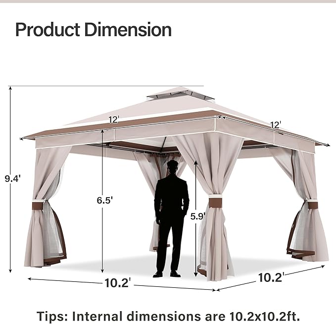 LAUSAINT HOME Patio Gazebo 12'x12', Outdoor Heavy Duty Party Tent Shelter with Double Roofs, Mosquito Nettings and Privacy Screens for Backyard, Garden, Lawn, Classic Khaki