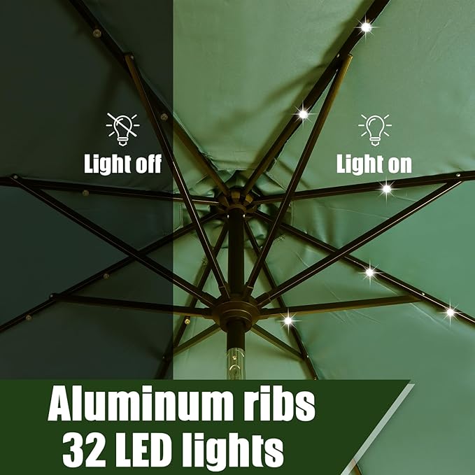 HERMOCE 9FT Solar Umbrella 32 LED Patio Umbrellas with Tilt and Crank,Table Market Outdoor Umbrella for Garden,8 Ribs