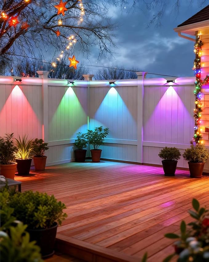 Solar Fence Lights Outdoor with 3-Way Lensed Lighting, Fence Light Solar Powered 12 Mode RGB Color Changing, Warm/Cool White, IP65 Waterproof for Deck, Wall, Patio, Backyard, Outside(12 Pack)