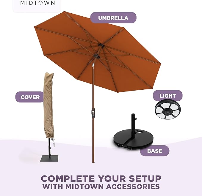 Midtown Umbrellas Wooden 2-8 Ft Patio Umbrella with 360° Swivel & Tilt Mechanism, 8 Fiberglass Ribs & Sunbrella Fabric - Outdoor Umbrella for Deck, Pool & Garden - Burgundy Canopy, Wooden Pole