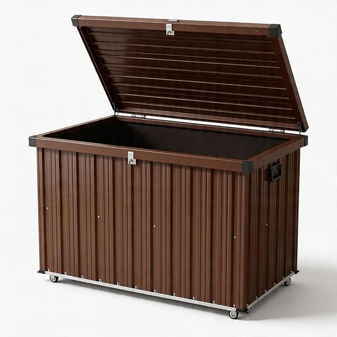 Metal Deck Box Outdoor Patio Storage Container with Wheels, 150 Gallon Heavy-Duty Steel Storage Chest Built with Galvanized Frame & Coated Panels, Large Weather-Resistant Bin for Deck, Porch, Pools