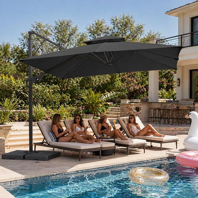 JEAREY 10ft 2-Tier Cantilever Patio Umbrella, Large Square Outdoor Offset Umbrella with Double Top Vent and 360-degree Rotation for Garden, Deck, Pool, Patio, Gray