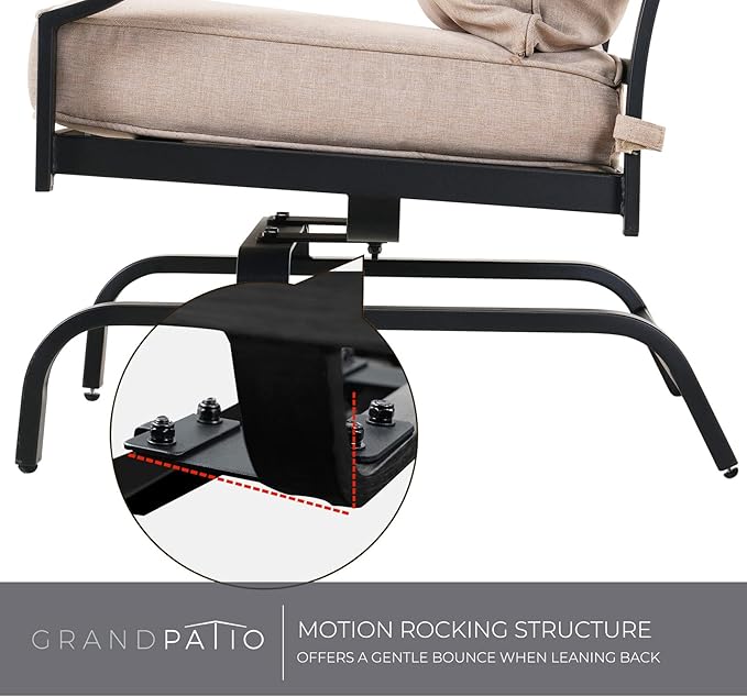 Grand patio 5-Piece Outdoor Furniture Set with 32'' Square Ceramic Tile Tabletop 50,000 BTU CSA Approved Fire Pit,4 Rocking Patio Chairs with Olefin Cushions and Pillows-Beige