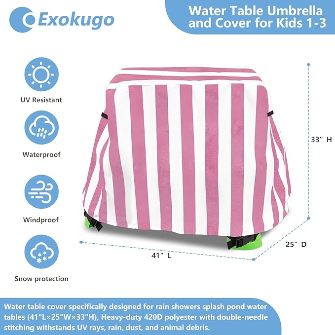 Kids Water Table Umbrella and Cover, Heavy-Duty 600D Waterproof Anti-UV Dustproof Water Table Cover with Umbrella, Compatible with Step2 Rain Showers Splash Pond Water Table, Pink