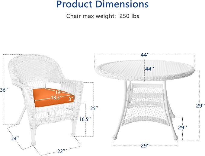 Jeco 5 Piece Resin Wicker Outdoor Patio Dining Set in White with Orange Cushion