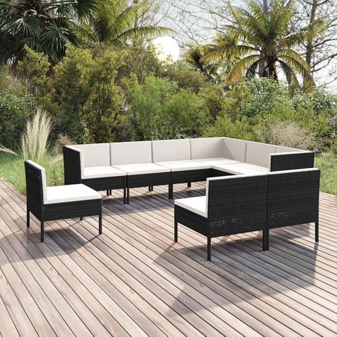 Patio Lounge Set with Cushions,Patio Furniture Sets,Patio Conversation Sets,Outdoor Furniture Sets,for Garden,Backyard,Outdoor,9 Piece Poly Rattan Black