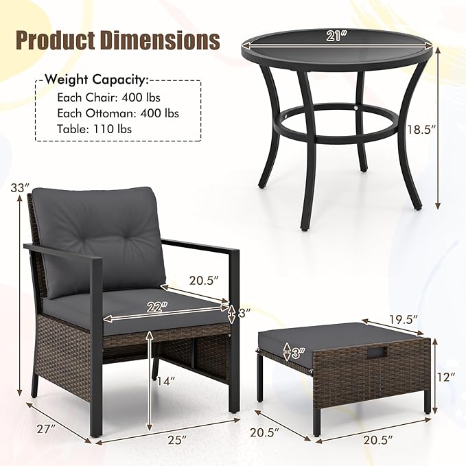 Tangkula 5 Piece Outdoor Furniture Set, Rattan Chairs & Ottomans w/Round Glass Topped Coffee Table, Space Saving Cushioned Patio Conversation Set for Backyard, Poolside (Gray)