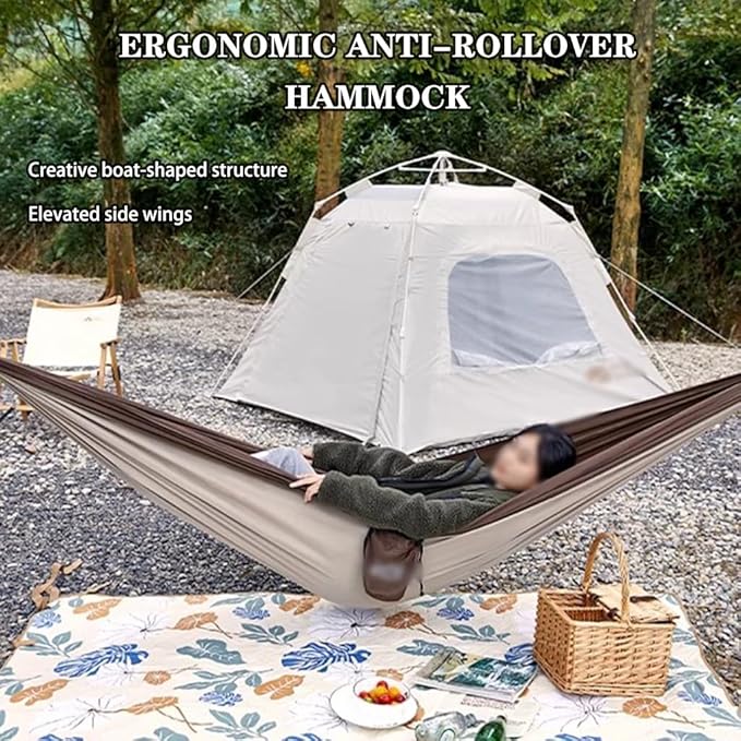Outdoor Creative Color Matching Double Hammock, Garden Anti-Rollover Hammock Chair, Storage Bag/Carabiner/Rope, Load Bearing 300kg/661.4lbs(Brown)