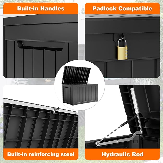 PatioZen 280 Gallon Resin Deck Box, Lockable Weatherproof Outdoor Storage Box for Furniture, Garden Tools and Tools Storage, Waterproof Outside Storage Boxes - Black