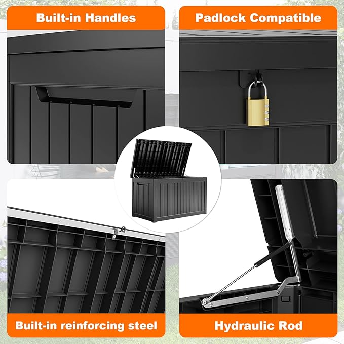 280 Gallon Outdoor Storage Box Waterproof - Outside Resin Deck Box, Lockable Storage Bin for Patio Furniture,Garden Tools,Cushions,Pool Accessories(Black)