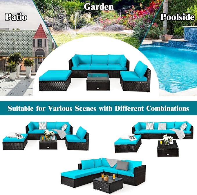COSTWAY 6-Piece Outdoor Patio Furniture Set, Rattan Sectional Sofa Set with Tempered Glass Coffee Table, Cushions and Ottoman for Garden, Deck, Backyard (Turquoise)