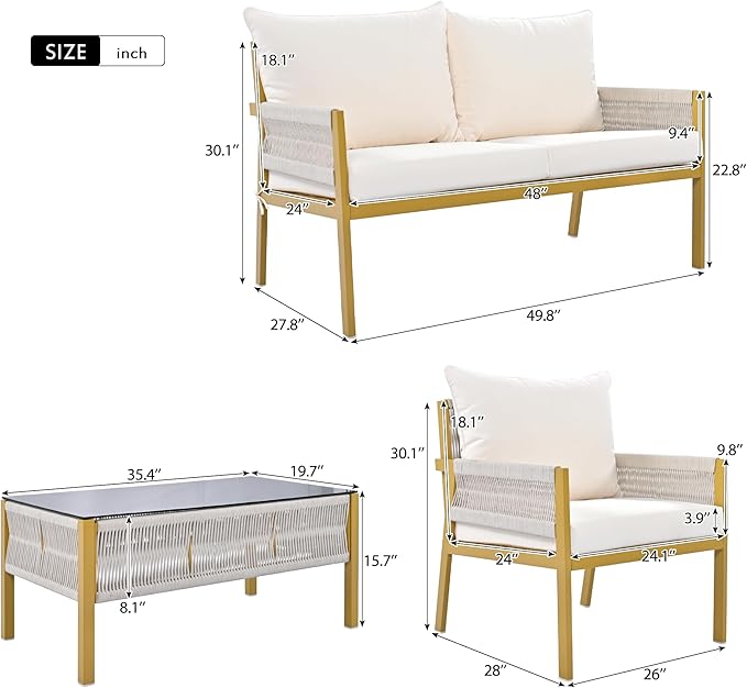 4-Piece Rope Patio Furniture Set, Outdoor Furniture with Tempered Glass Table, Patio Conversation Set Deep Seating with Thick Cushion for Backyard Porch Balcony (Beige&Mustard Yellow)