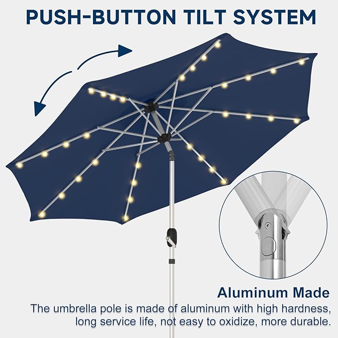 10FT 40-LED Solar Lighted Aluminum Patio Umbrella, Fade-Resistant Outdoor Market Table Umbrella with Push Button Tilt Function, 8 Sturdy All-Aluminum Ribs for Gardens, Decks, Backyards & Pools