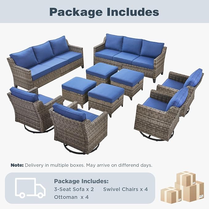 Belord Patio Wicker Swivel Rocker Patio Chairs with 3-Seater Sofa, Outdoor Rattan Chairs for Deck Porch Poolside, 10 Piece Patio Conversation Furniture Set,Blue