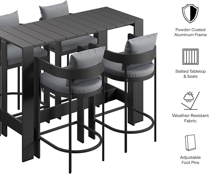 Modway Tahoe 5-Piece Outdoor Patio Bar Table Set in Gray