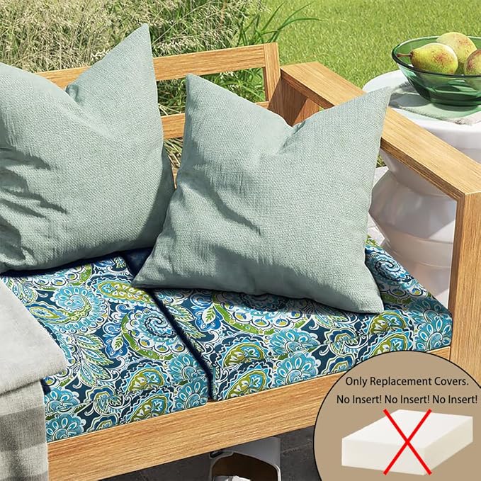 Magpie Fabrics Outdoor Cushion Cover Replacement 2 Pack, NO Insert! Water Repellent Slipcover with Ties Decor for Patio Garden Chair Seat Bench Wicker(Paisley Lapis Green, 22x20x4 Inch)