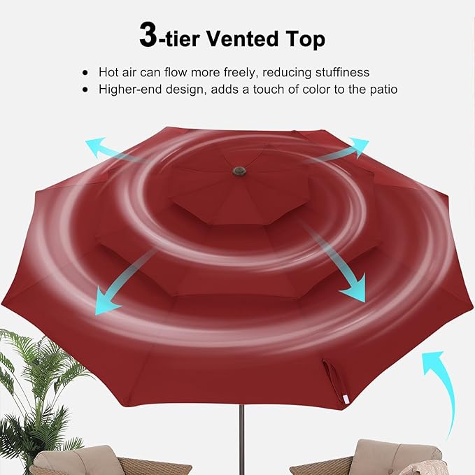 ABCCANOPY 9Ft 3 Tiers Market Umbrella, Outdoor Table Umbrella for Patio, Deck, Backyard (Burgundy)