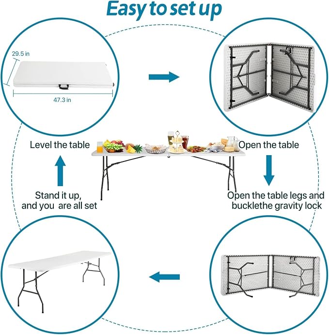 Dkeli 8 ft Folding Table | Portable Picnic Table | Folding Camping Table Heavy Duty for Outdoor Indoor Camping, Picnic and Party | Fold in Half with Handle and Sturdy Steel Frame - White