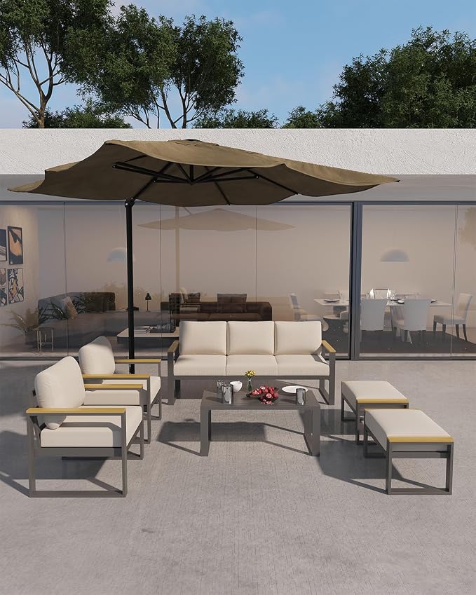 Garvee Aluminum Outdoor Patio Furniture Set with Coffee Table | 5 Piece Patio Conversation Sets with Washable Thick Cushions, Outdoor Sectional Furniture Set for Porch, Balcony, Deck, Yard,