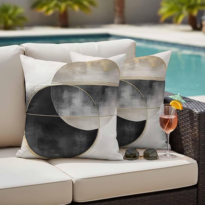 Abstract Art Outdoor Waterproof Throw Pillow Covers Set of 2, 16"x16", Mottled Geometric Moon Black Gold Circle Striped Decorative Pillow Covers Outside Cushion Case for Patio Porch Garden