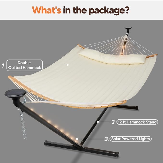 SUNCREAT Double Outdoor Hammock with 12 ft Stand, Self Standing Hammocks with Stand, Beige