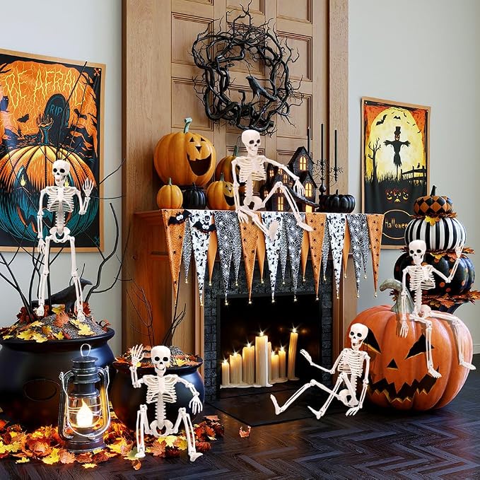 XIMISHOP 5pcs Halloween Skeleton Decoration, 16" Full Body Posable Hanging Skeleton with Movable Joints for Graveyard Haunted House Indoor Outdoor, White
