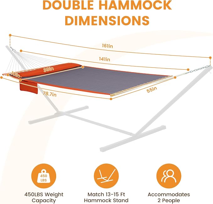 Lazy Daze Hammocks 2 Person Double Quilted Hammock with Spreader Bar, Detachable Pillow & Side Pocket, 450lbs Capacity for Patio Yard Garden Outdoor, Grey & Orange