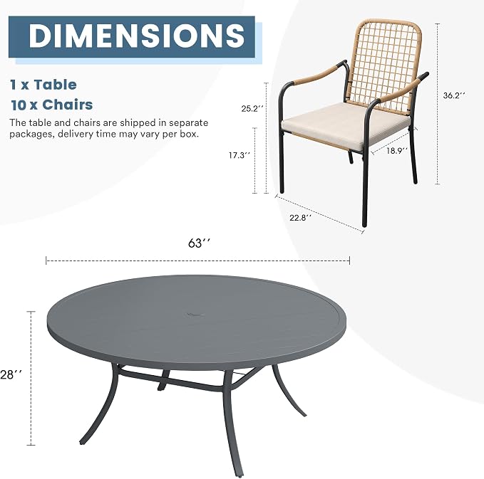 DIFY 11 Pieces Outdoor Dining Set for 10, 63" Round Dining Table with Umbrella Hole & Wicker Stackable Patio Chairs with Cushions, Metal Patio Table and Chairs Set for Backyard Porch Garden, Grey