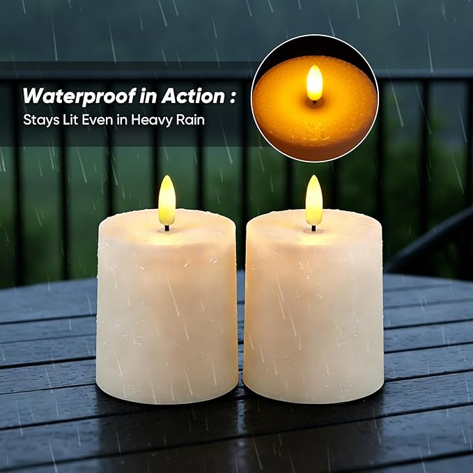 Raycare 3"x3.5" White Outdoor Waterproof Flameless Candles with Remote and Timer, Realistic LED Candles, Battery Operated Electric Fake Pillar Candles for Porch, Patio, Garden, Set of 2