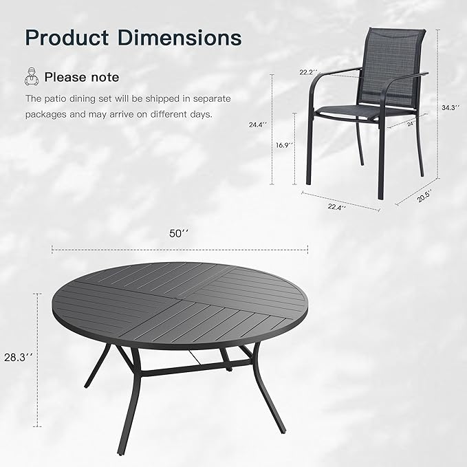 VICLLAX 7 Pieces Patio Outdoor Dining Set, 50" Round Metal Table with Umbrella Hole and 6 Stackable Textilene Chairs for Patio, Lawn, Garden, Porch, Black/Grey
