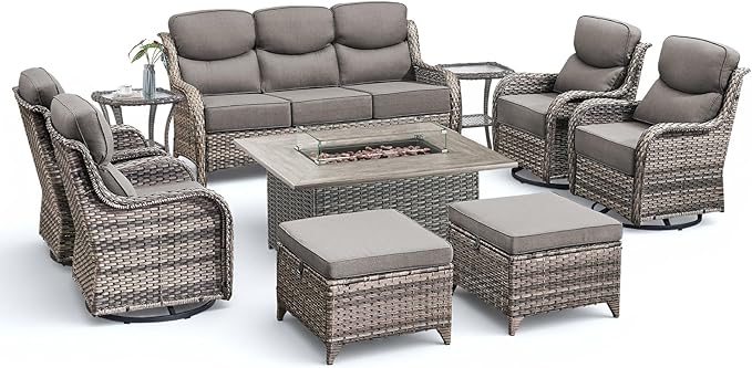 Luxury Patio Furniture Set with Fire Pit Table-10 Pieces All Weather Outdoor Swivel Rocker Chairs with Sofa and Ottomans. Outdoors Patio Conversation Sets for Porch Deck Garden Backyard(Grey/Grey)
