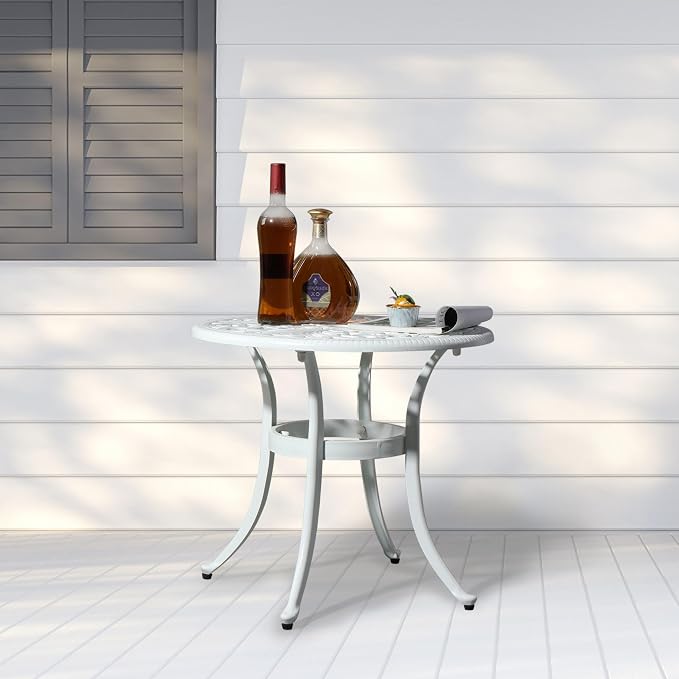 Outdoor Round Side Table with Classical Floral Design, 23.6” Aluminum Round Patio Table for Indoor & Outdoor Use, (White)