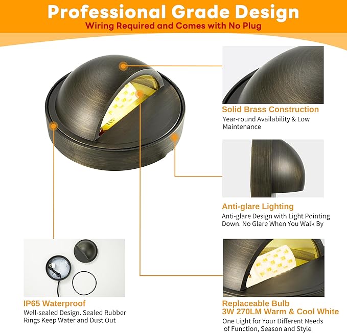 Gardenreet Solid Brass Deck Lights - Low Voltage LED Step Lights Outdoor, 12V Landscape Hardwired Waterproof Bronze for Stair Fence Wall with Adjustable 3 Color Temp(2700K/3000K/4000K) G4 Bulb 4 Pack