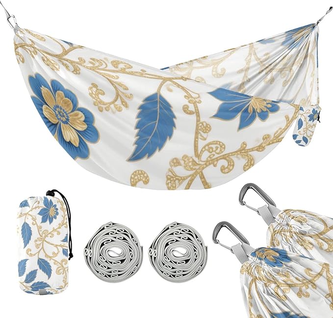 Blue and Golden Flower Leaves 330lb Capacity Hammocks with Portabl Carry Bag Tree Hammock for Camping & Hiking Essential jamaca para Patio