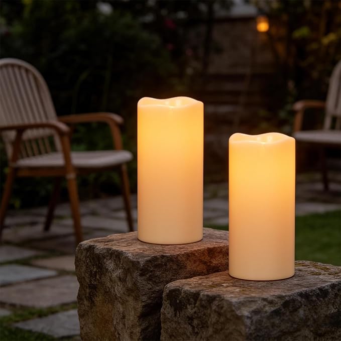 Eldnacele Large Outdoor Solar Flameless Candles Waterproof, 4" x 8", Solar Powered Dusk to Dawn Plastic LED Flickering Pillar Candles for Garden Patio Lanterns Wedding Holiday Decor(2 Pack White)