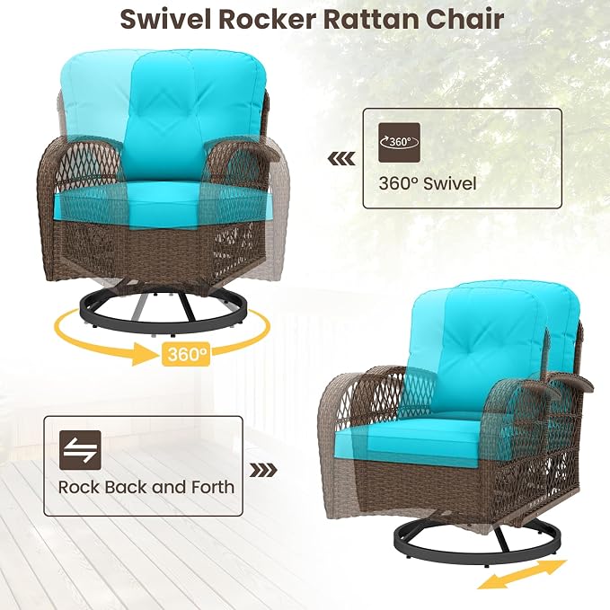 HAPPYGRILL 3 Pieces Patio Furniture Set Outdoor Rattan Swivel Rocker Chairs with Side Table, Outside Sectional Conversation Set with Swivel Rocking Chairs for Deck Porch Garden (Turquoise)