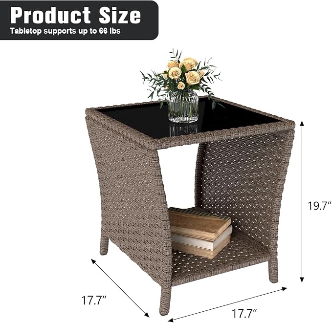 Kinsuite PE Rattan Patio Side Table - Outdoor Wicker End Table with Black Glass Top, Rattan Coffe Table in Iron Frame for Backyard Balcony Poolside, Dark Brown