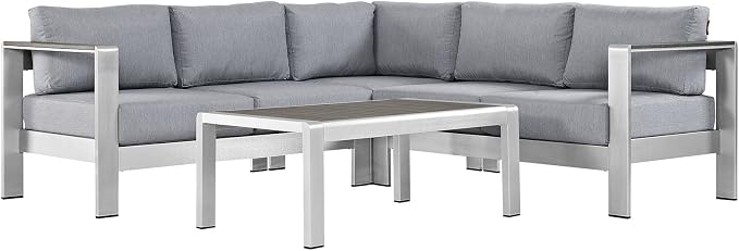 Modway Shore 4-Piece Aluminum Outdoor Patio Sectional Sofa Set in Silver Gray