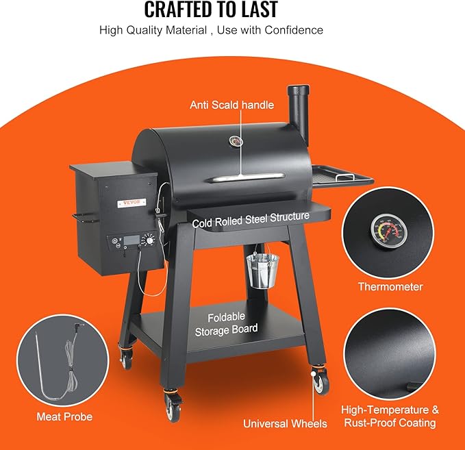 VEVOR Smoker Grill, Portable Wood Pellet Grill with Cart, 8 IN 1 BBQ Grill with PID Temperature Control for Outdoor Cooking, Barbecue Camping, Picnic, 730 sq, Patio and Backyard, Black