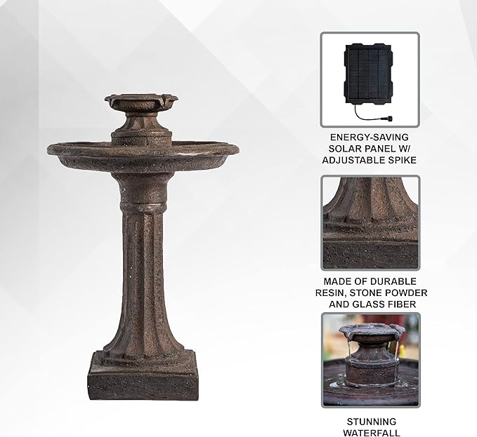 XBrand 28" Solar Powered 1-Tier Outdoor Bird Bath Water Fountain, Resin Fountain with Solar Panel Pump, Brown