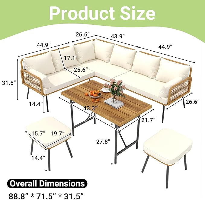 GarveeLife 6 Pieces Patio Furniture Sets Wicker Outdoor Sectional L-Shaped with Cushions & Wood Dining Table and Chairs Set, Boho Rattan 8 Seater Conversation Sets for Balcony, Backyard, Beige