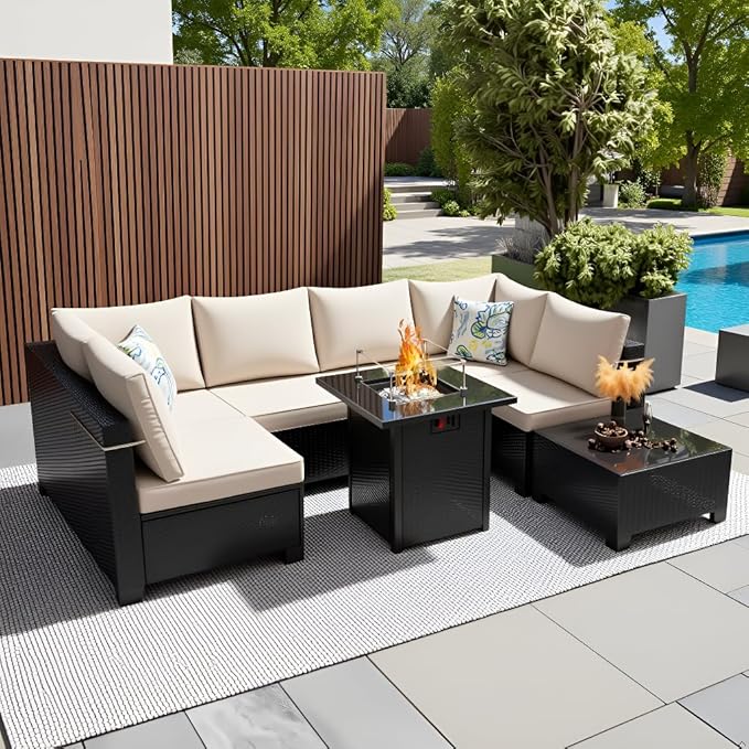 8 Pcs Patio Furniture Set with Fire Pit Table Wicker Outdoor Sectional Sofa, Conversation Set Perfect for Backyard, Garden, Deck (Coffee/Beige)