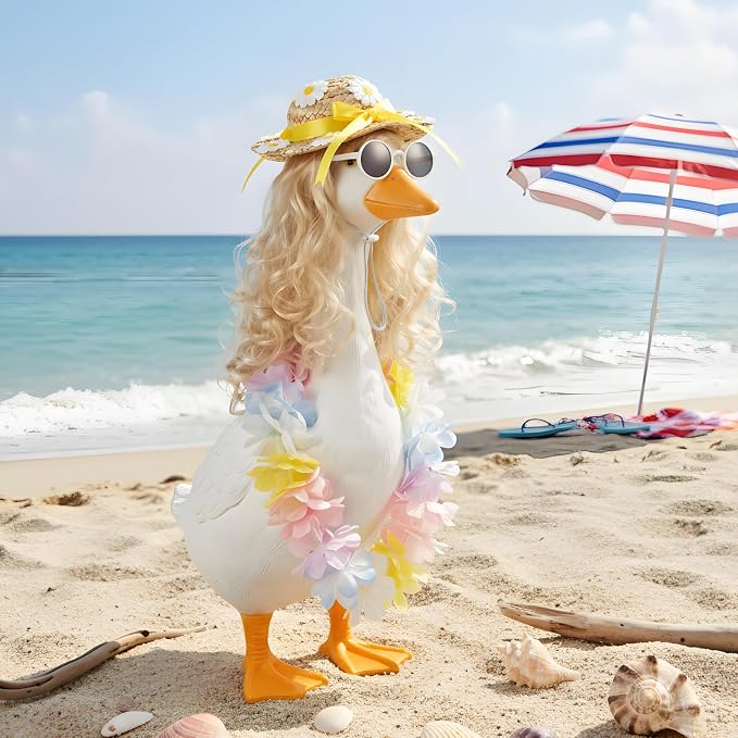 Funny 4Pcs Hawaiian Porch Goose Outfits Set, Colorful Floral Lei, Straw Hat with Bow, Sunglasses & Blonde Wig, Summer Lawn Goose Costume for 17"/23" Statue, Outdoor Patio Garden Decoration(Blonde)