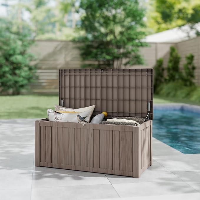 150 Gallon Deck Boxes Outdoor Waterproof, Outdoor Storage Box with Lockable Lid & UV-Resistant for Patio Furniture, Outdoor Cushions, Garden Tools and Pool Supplies, Light Brown