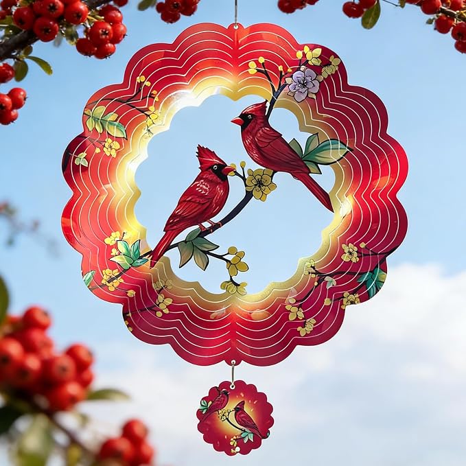 Cardinal Wind Spinners Gift for Women Men Grandma, 12 Inch 3D Metal Wind Spinners Outdoor/Indoor Hanging Deco, Stainless Steel Kinetic Art Hanging Sculpture for Yard Garden Decoration
