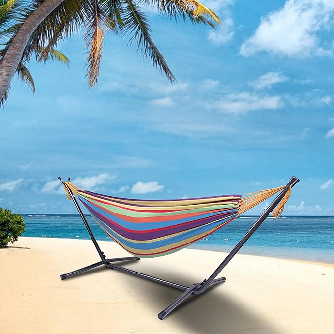Outdoor Hammock with Stand, Space-Saving Mordern Hammock Swing, 250lbs Weight Capacity, Weatherproof Fabric & Metal, Quick Setup and Takedown, include Storage Bag, Hamaca Con Soporte, Colorful Stripes