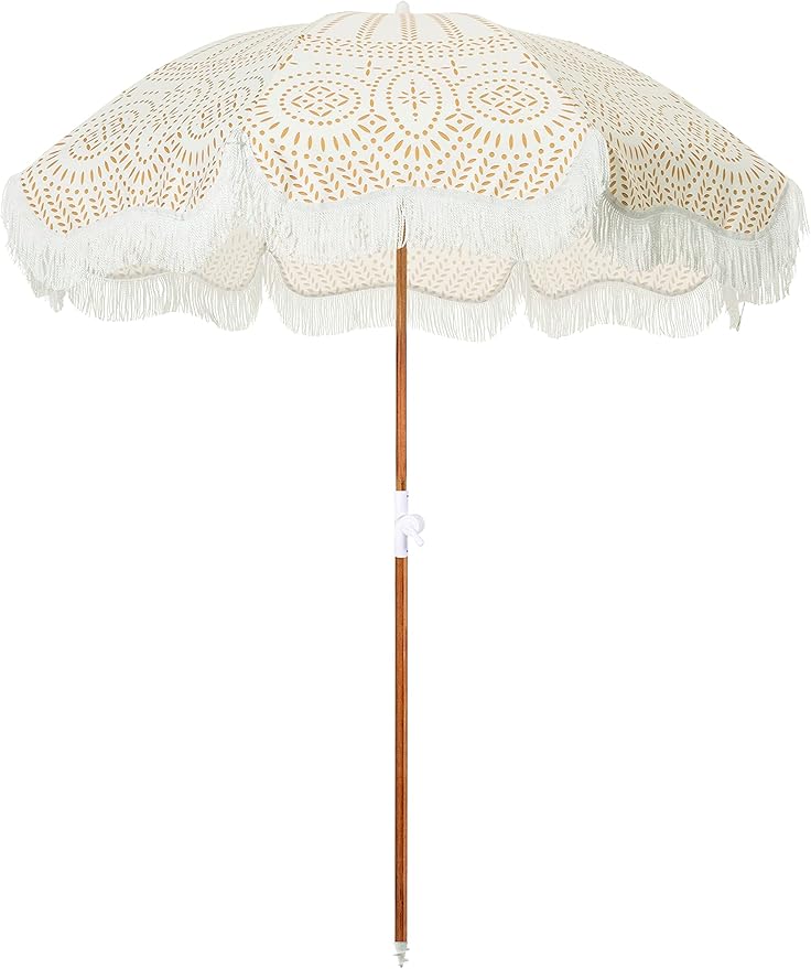 Business & Pleasure Co. Holiday Umbrella - Boho Beach Umbrella with White Fringe, UPF 50+, 1" Tilting Wood Pole, 5’ x 6.5’, Eyelet