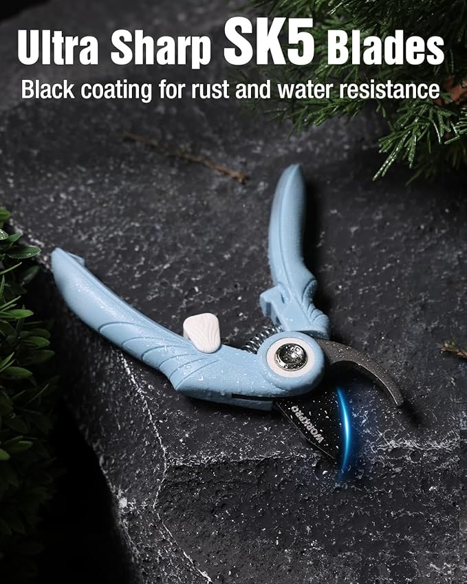 WORKPRO 2-Pack 6.9" Garden Pruning Shears, Bypass & Straight Gardening Scissors with SK5 Steel Blade, Handheld Garden Floral Clippers for Rose, Plants, Flowers, Gardening Gifts for Women & Men, Blue